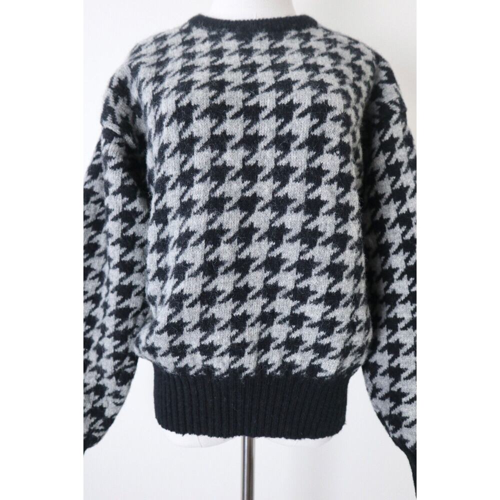 Vintage 1980s CREW Shetland Wool Houndstooth Sweater Pullover Black Gray - Picture 4 of 12